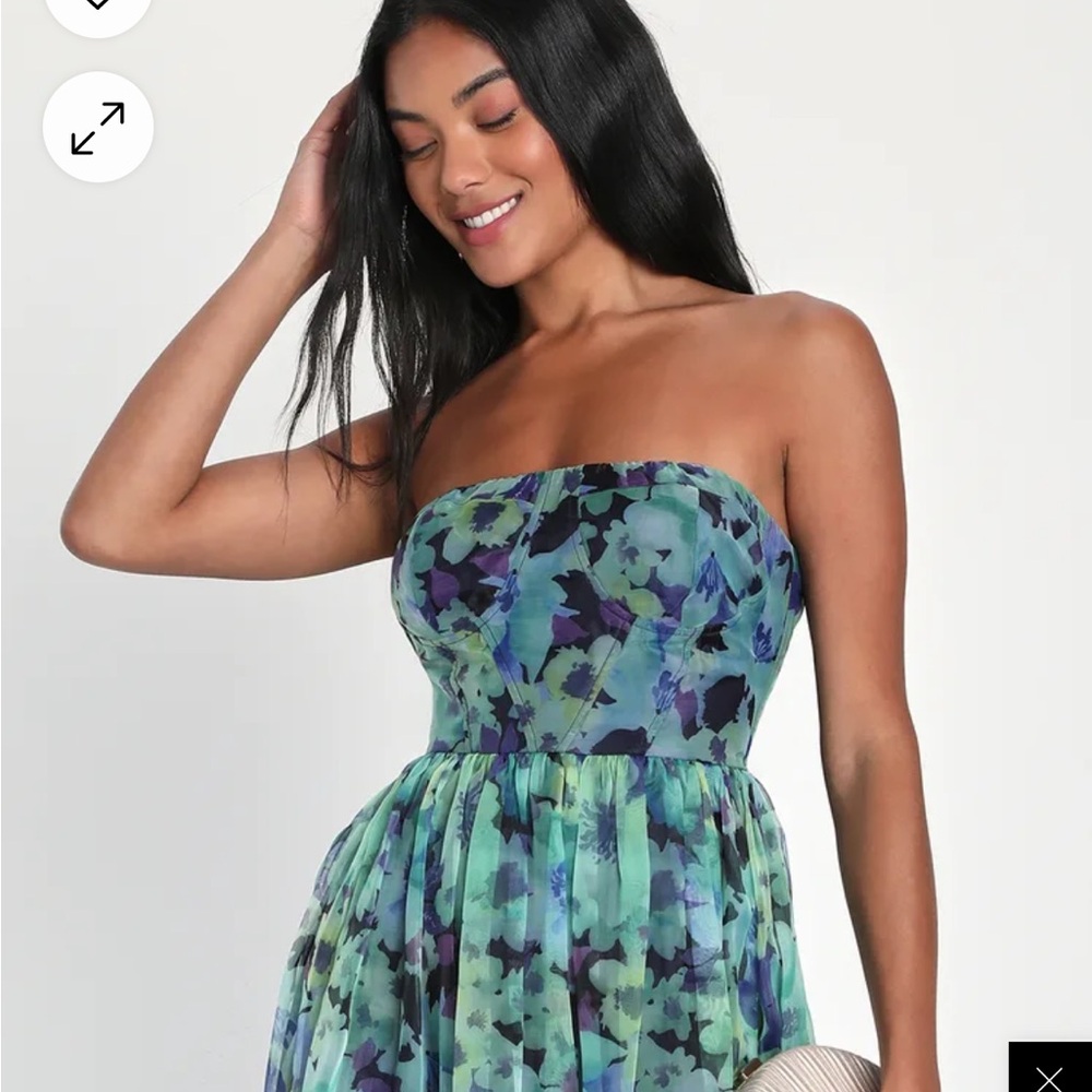Wonderful Waltz Green Floral Print Strapless Bustier Maxi Dress